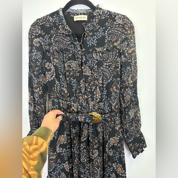 NICHOLAS Paisley Floral tiered Ruffle Dress with belt/ black, brown, blue/Size 0 - Picture 3 of 16